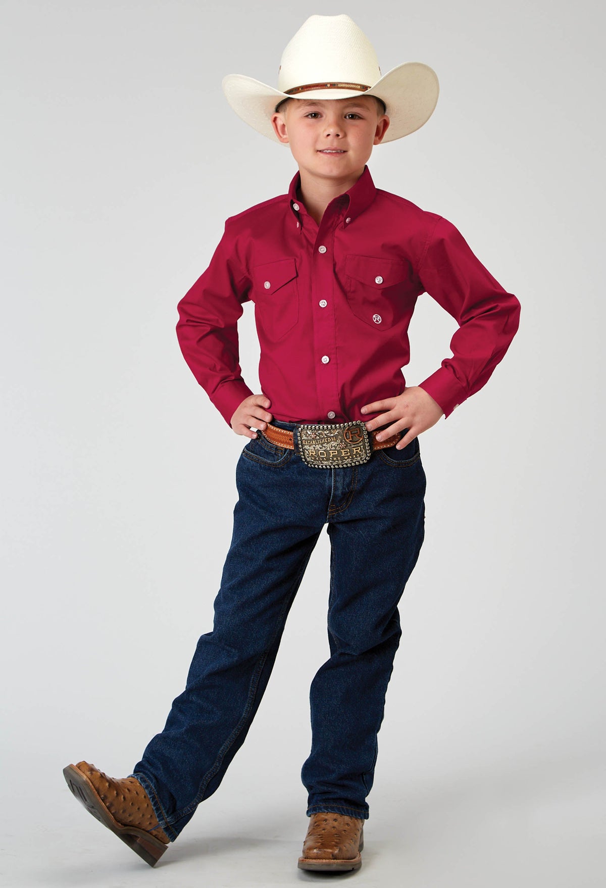 Roper Boys Long Sleeve Button Solid Poplin Stretch Red Western Shirt