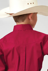 Roper Boys Long Sleeve Button Solid Poplin Stretch Red Western Shirt