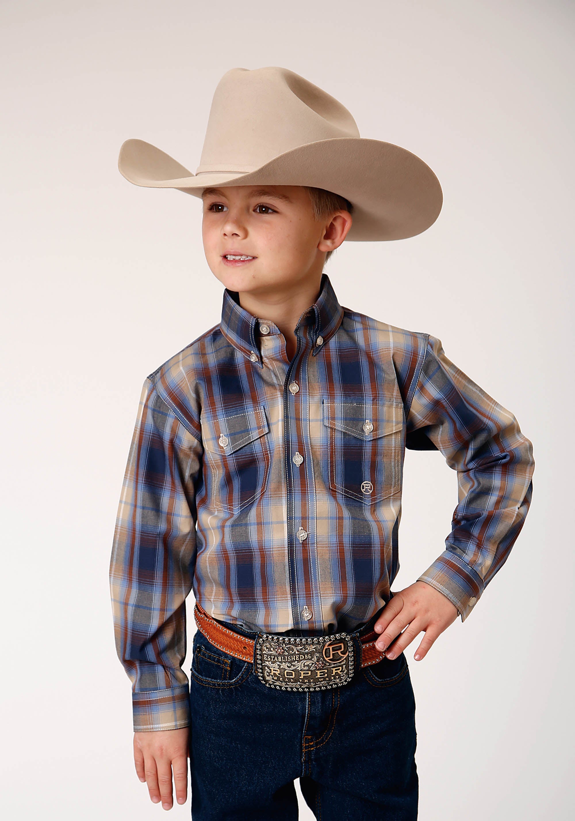 Roper Boys Long Sleeve Button Ranch Plaid Western Shirt