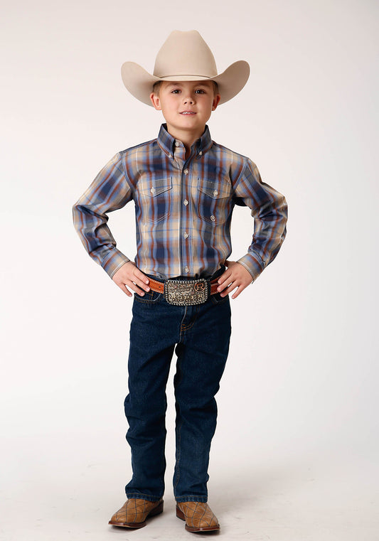 Roper Boys Long Sleeve Button Ranch Plaid Western Shirt