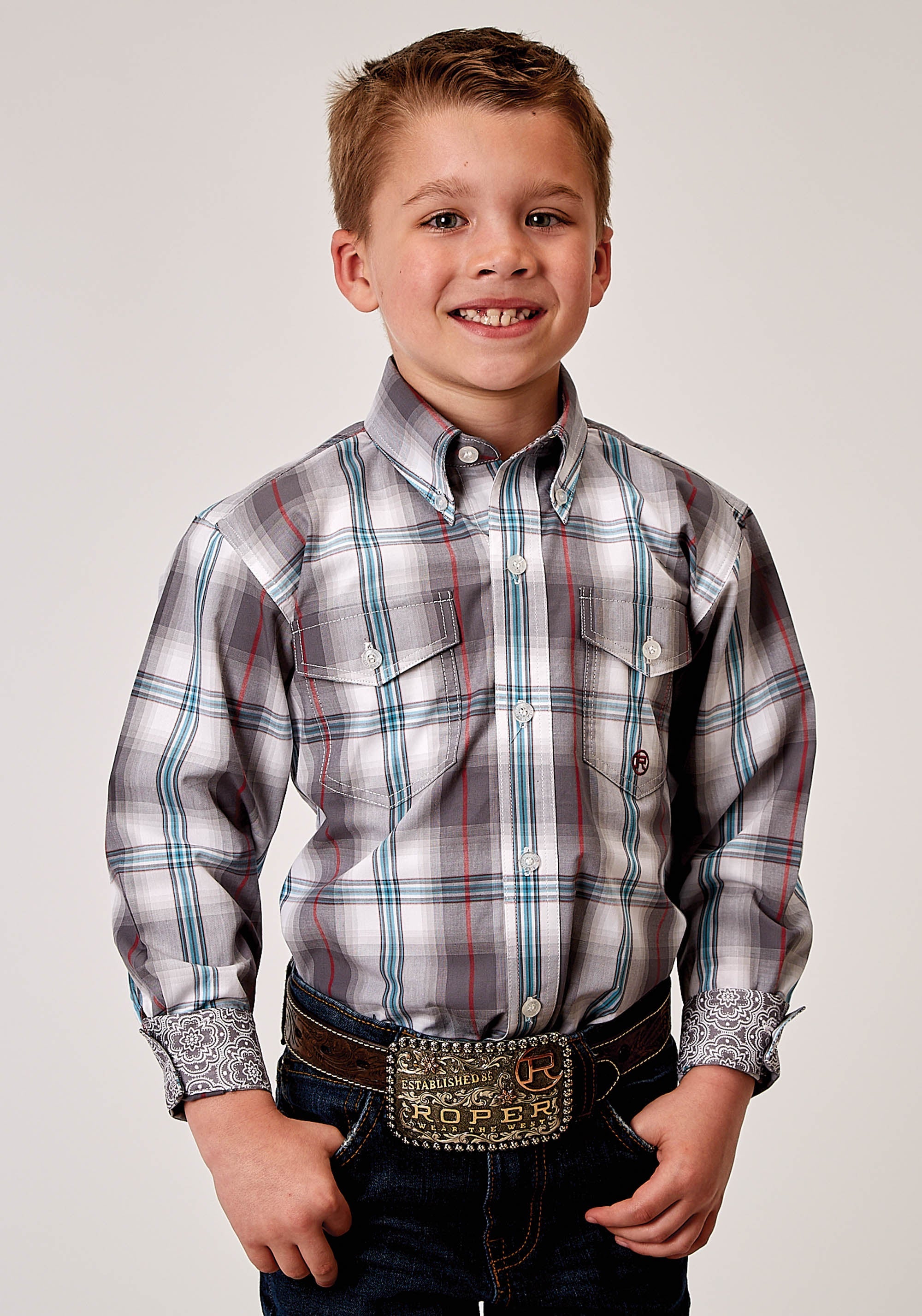 Roper Boys Long Sleeve Button Gray Cloud Plaid Western Shirt