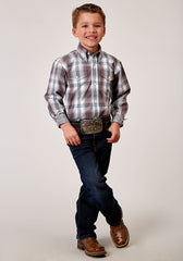 Roper Boys Long Sleeve Button Gray Cloud Plaid Western Shirt