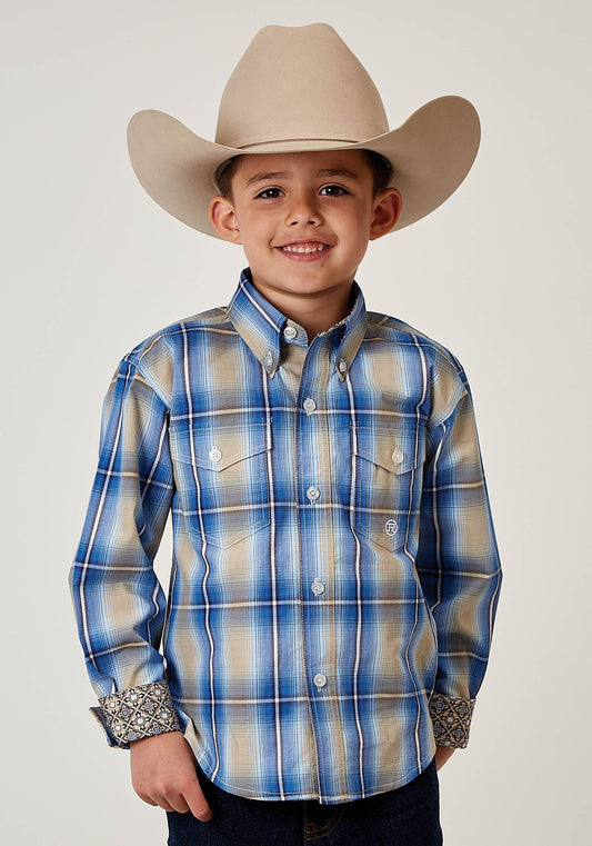 Roper Boys Long Sleeve Button Chicory Ombre Plaid Western Shirt