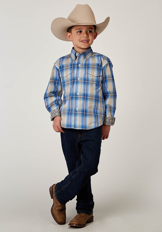 Roper Boys Long Sleeve Button Chicory Ombre Plaid Western Shirt