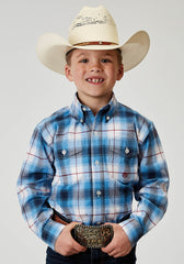 Roper Boys Long Sleeve Button Stretch Poplin Blue Plaid Western Shirt