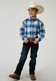 Roper Boys Long Sleeve Button Stretch Poplin Blue Plaid Western Shirt