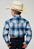 Roper Boys Long Sleeve Button Stretch Poplin Blue Plaid Western Shirt