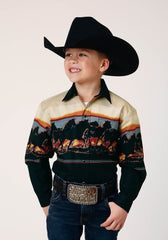 Roper Boys Long Sleeve Snap Scenic Horse Border Western Shirt