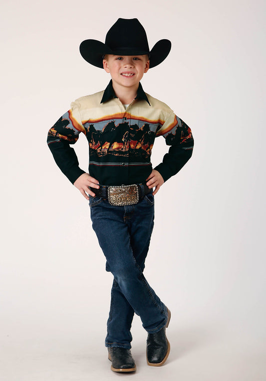 Roper Boys Long Sleeve Snap Scenic Horse Border Western Shirt