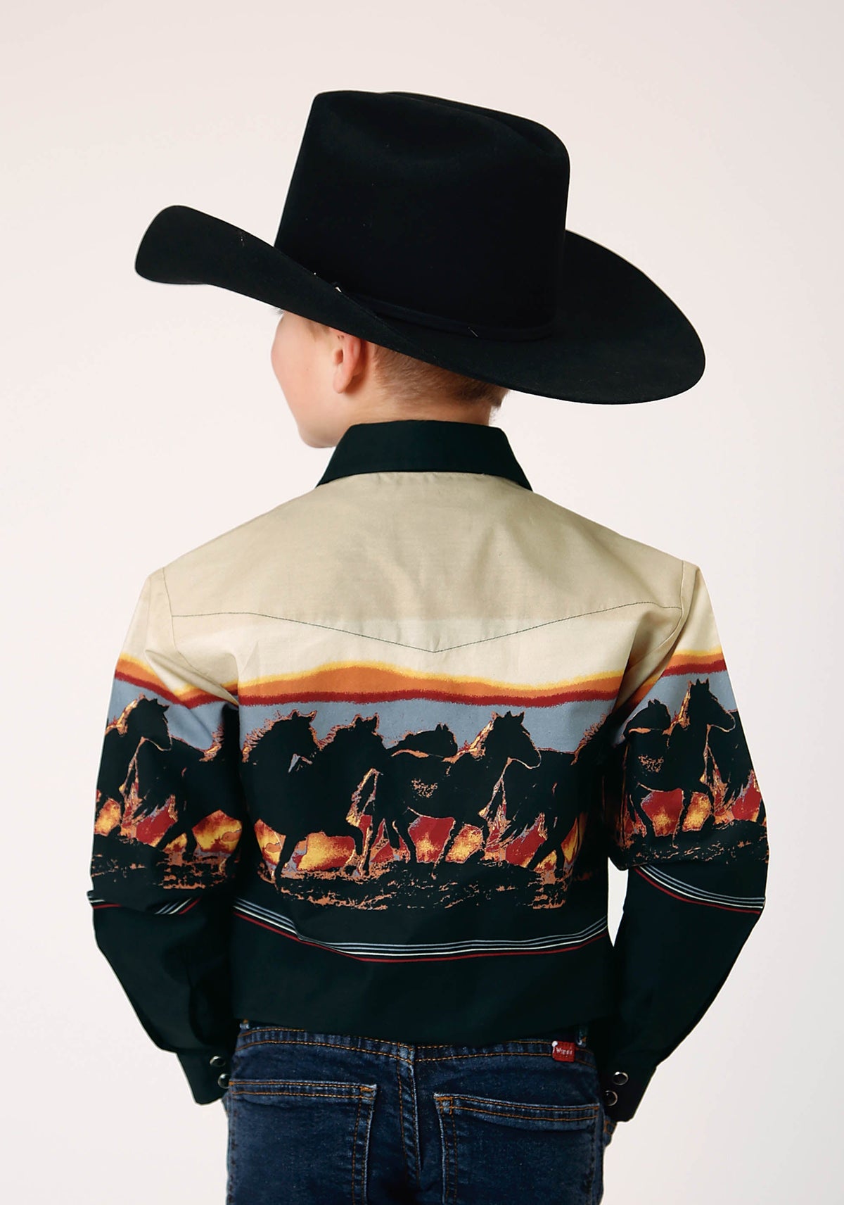 Roper Boys Long Sleeve Snap Scenic Horse Border Western Shirt