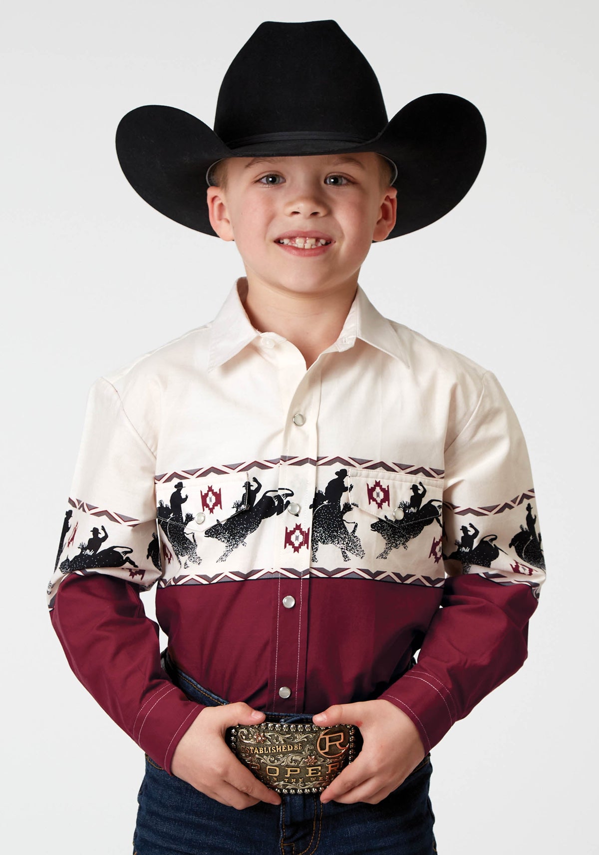 Roper Boys Long Sleeve Snap Bull Aztec Border Western Shirt