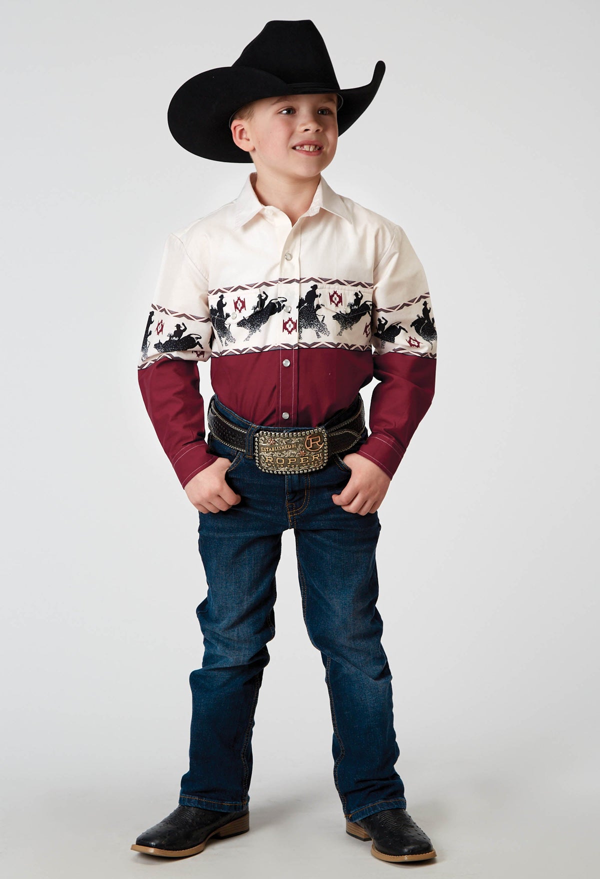 Roper Boys Long Sleeve Snap Bull Aztec Border Western Shirt