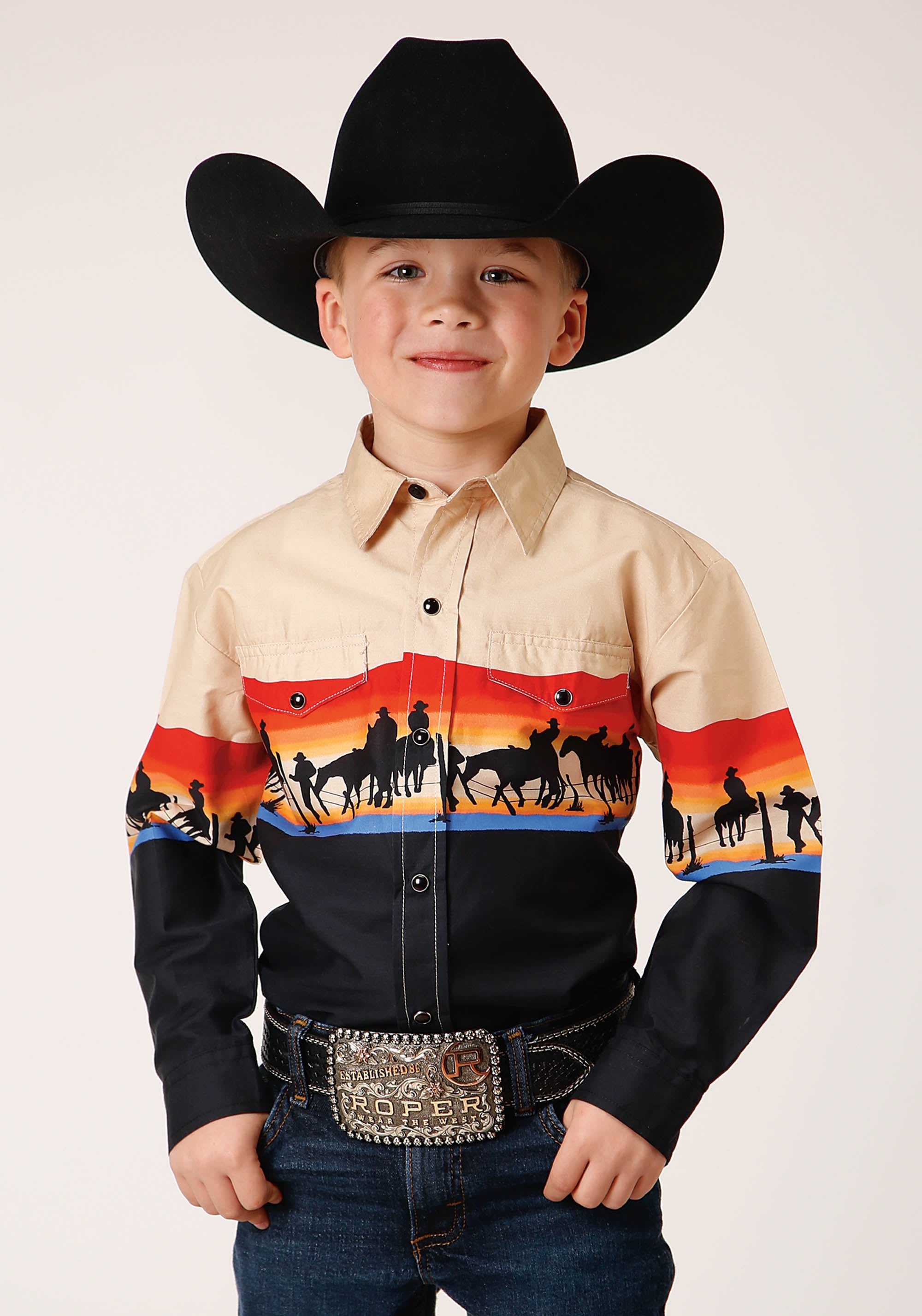 Roper Boys Long Sleeve Snap Days End Scenic Border Western Shirt