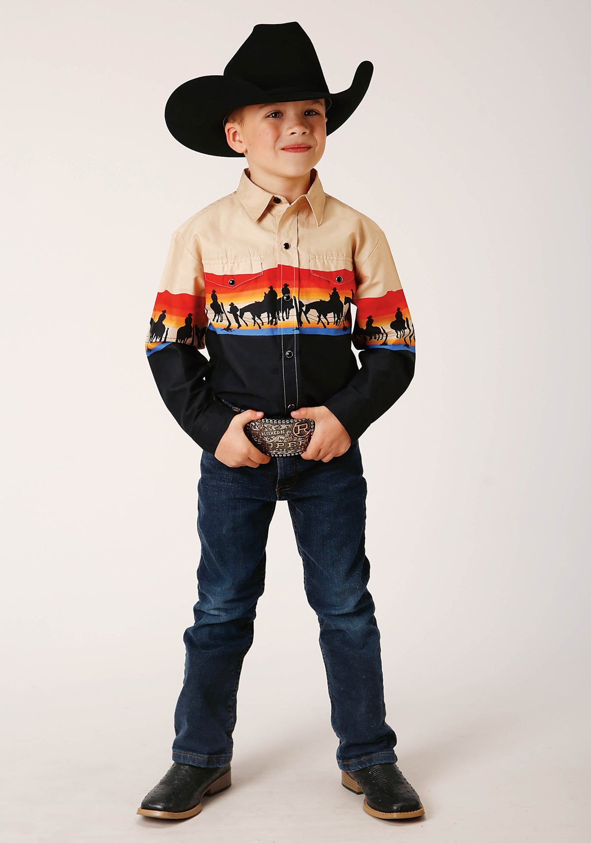 Roper Boys Long Sleeve Snap Days End Scenic Border Western Shirt