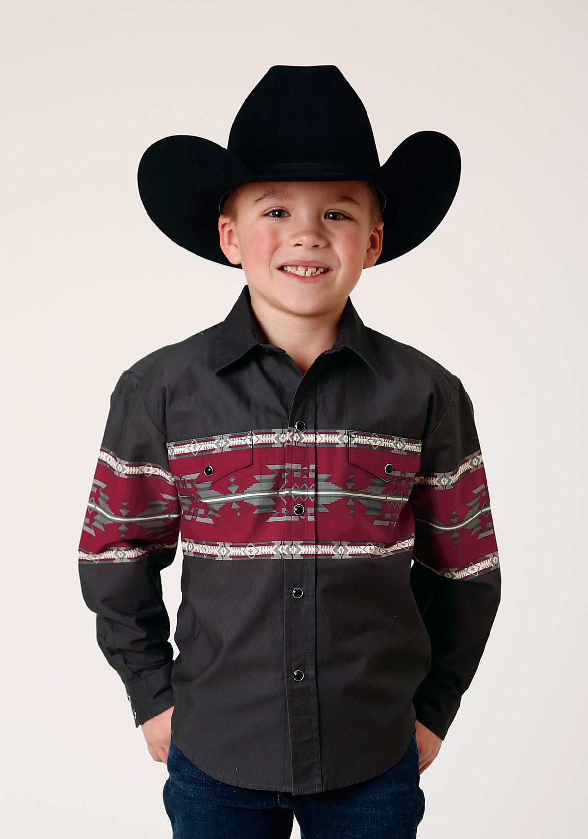 Roper Boys Long Sleeve Snap Aztec Border Western Shirt