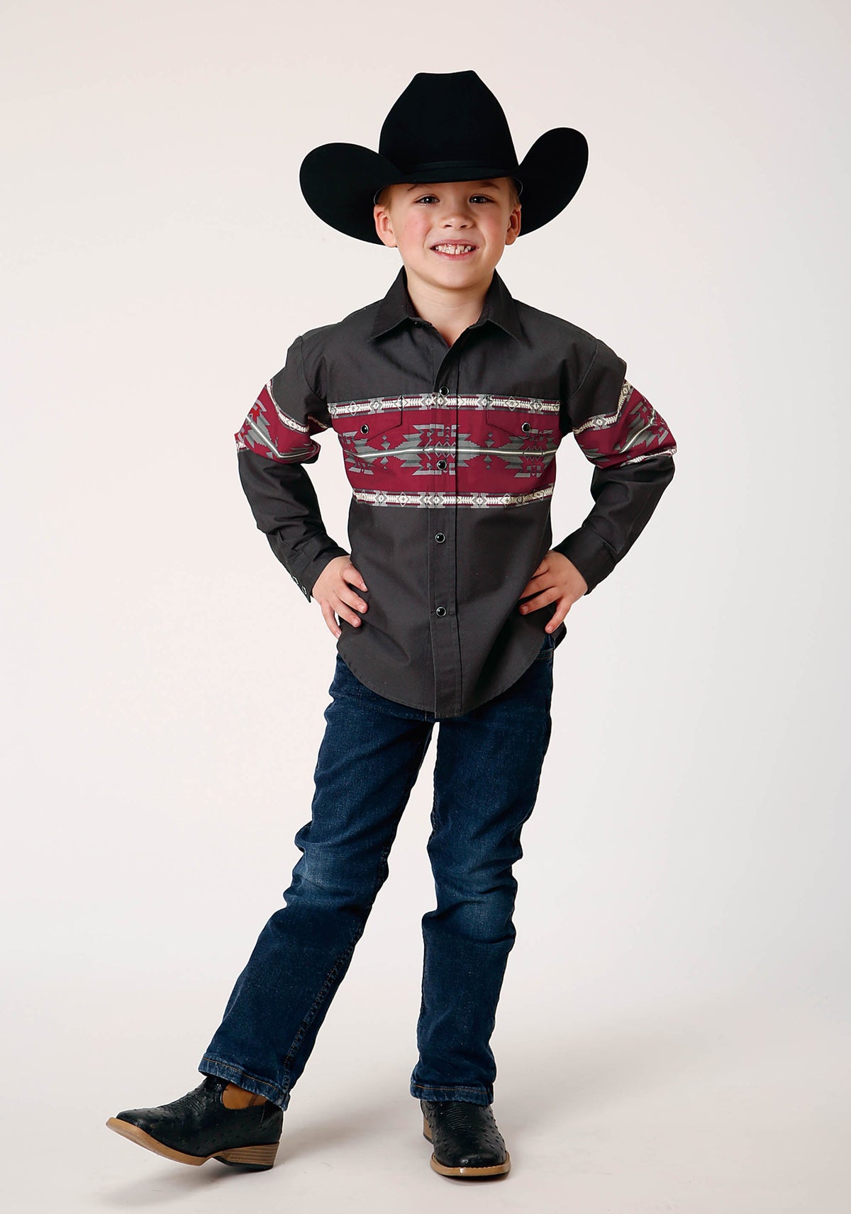 Roper Boys Long Sleeve Snap Aztec Border Western Shirt