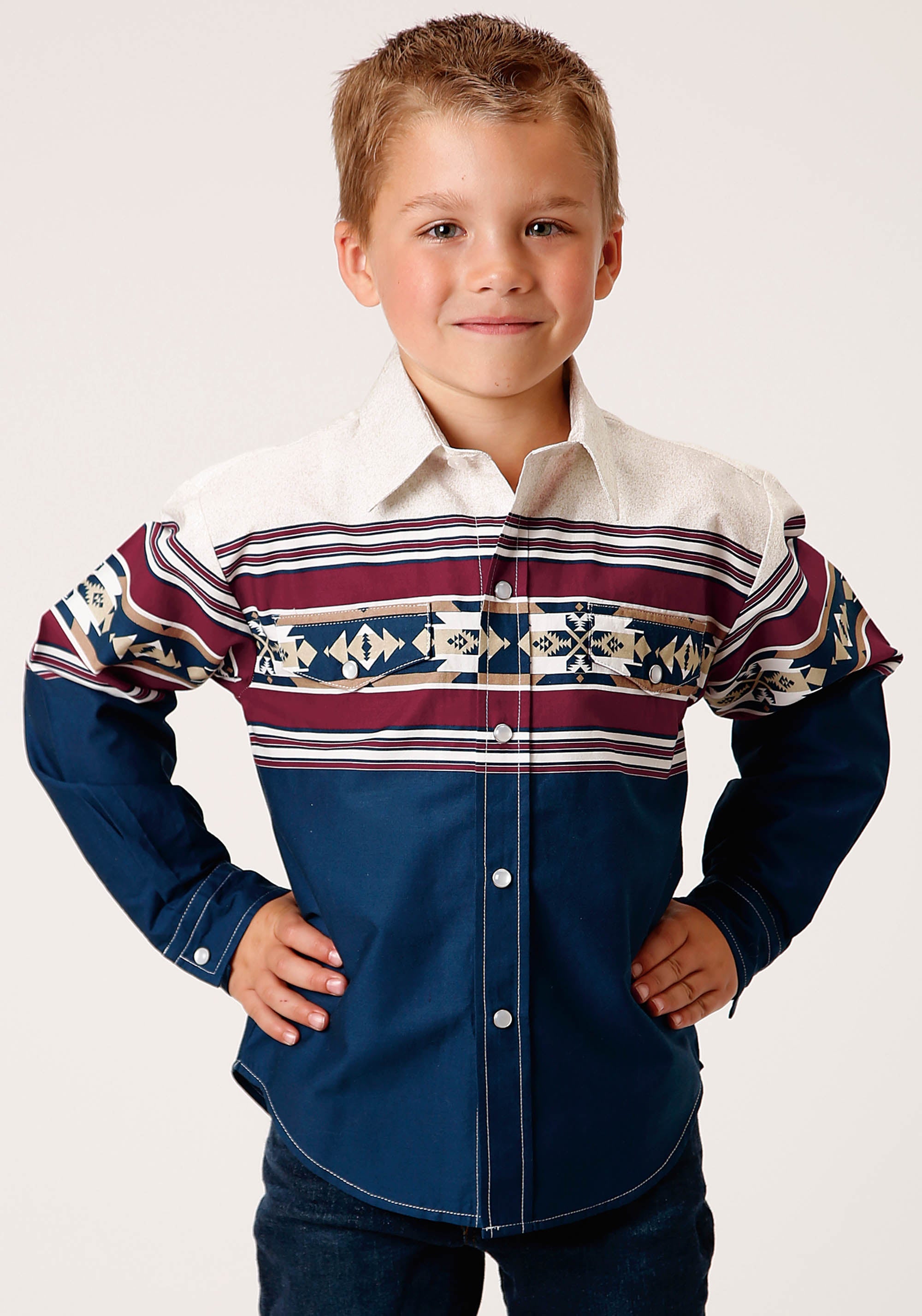 Roper Boys Long Sleeve Snap Black Hawk Border Western Shirt