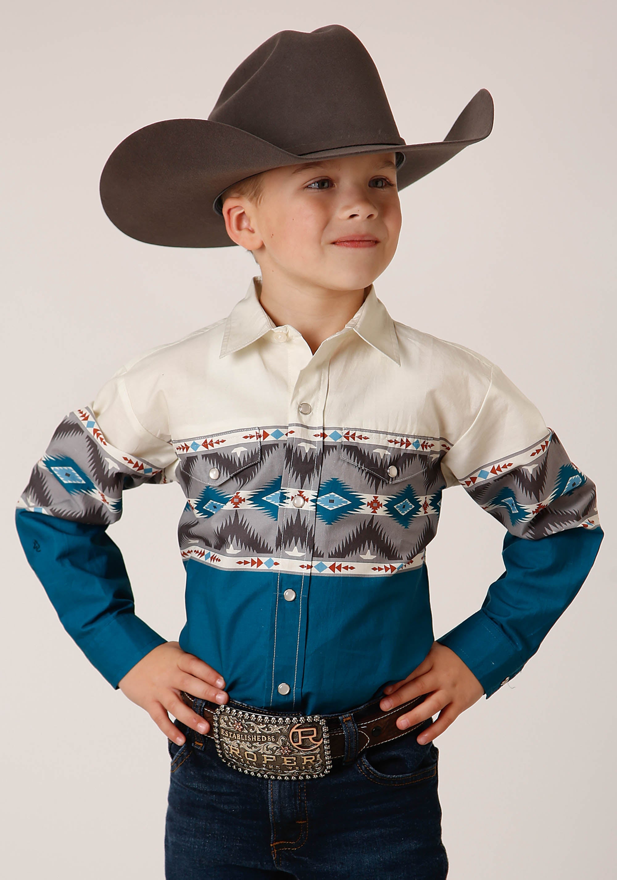 Roper Boys Long Sleeve Snap Sawtooth Border Western Shirt