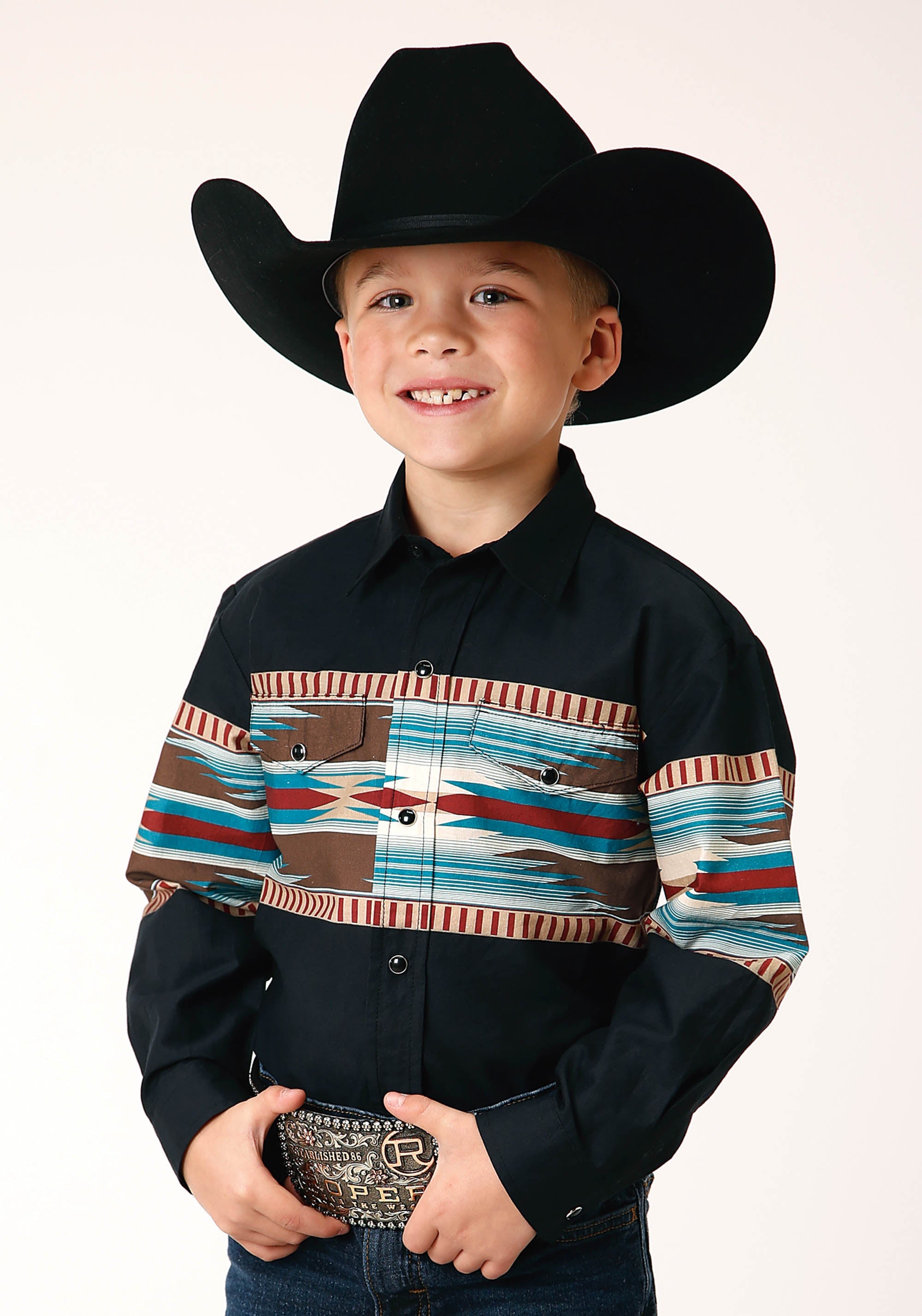 Roper Boys Long Sleeve Snap Blanket Aztec Border Print Western Shirt