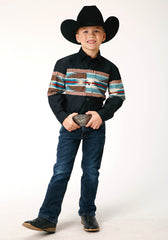 Roper Boys Long Sleeve Snap Blanket Aztec Border Print Western Shirt