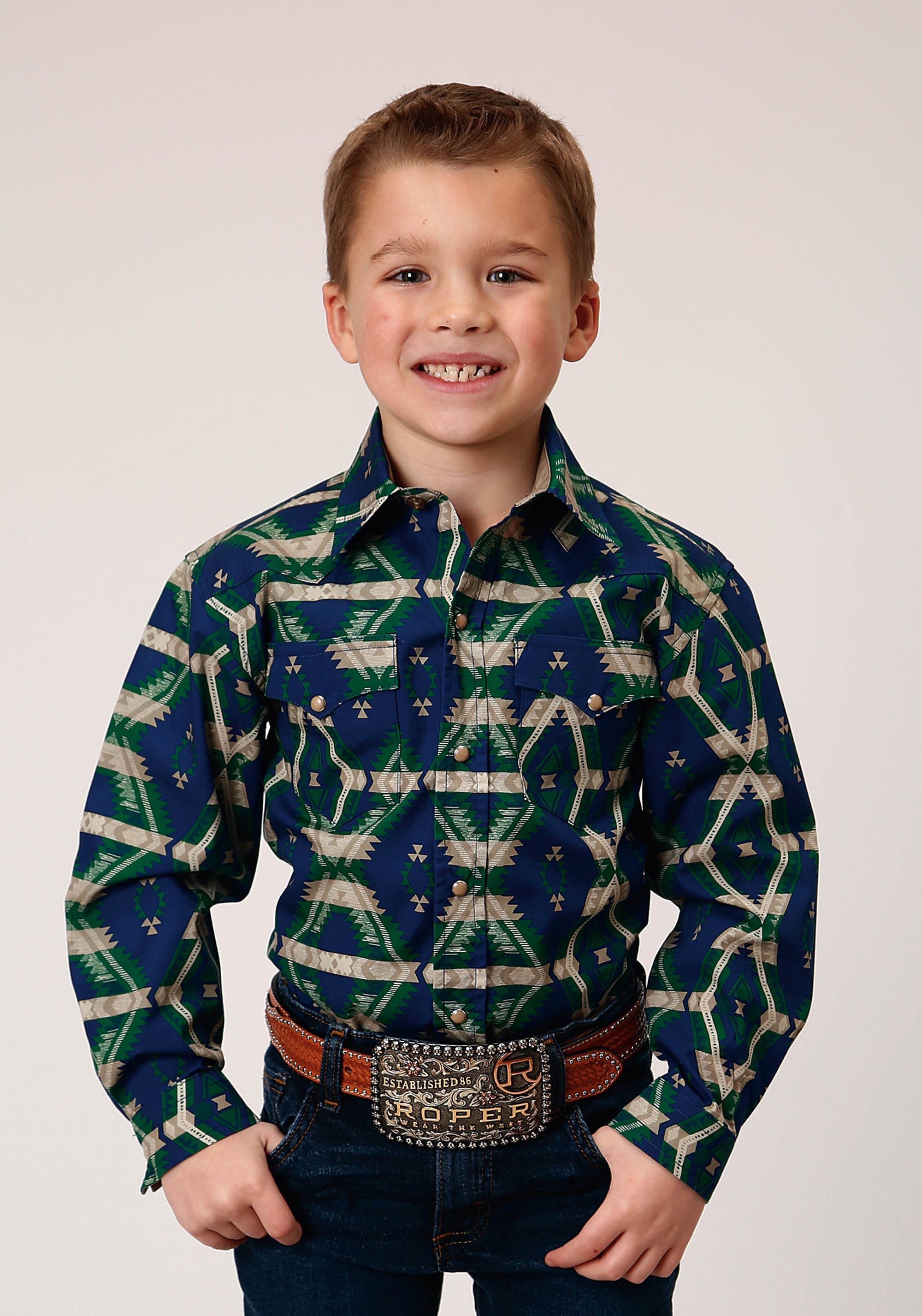 Roper Boys Long Sleeve Snap Navy Aztec Allover Print Western Shirt