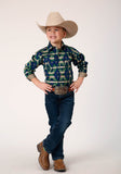 Roper Boys Long Sleeve Snap Navy Aztec Allover Print Western Shirt