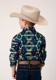 Roper Boys Long Sleeve Snap Navy Aztec Allover Print Western Shirt