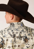 Roper Boys Long Sleeve Button Vintage Postcard Print Western Shirt