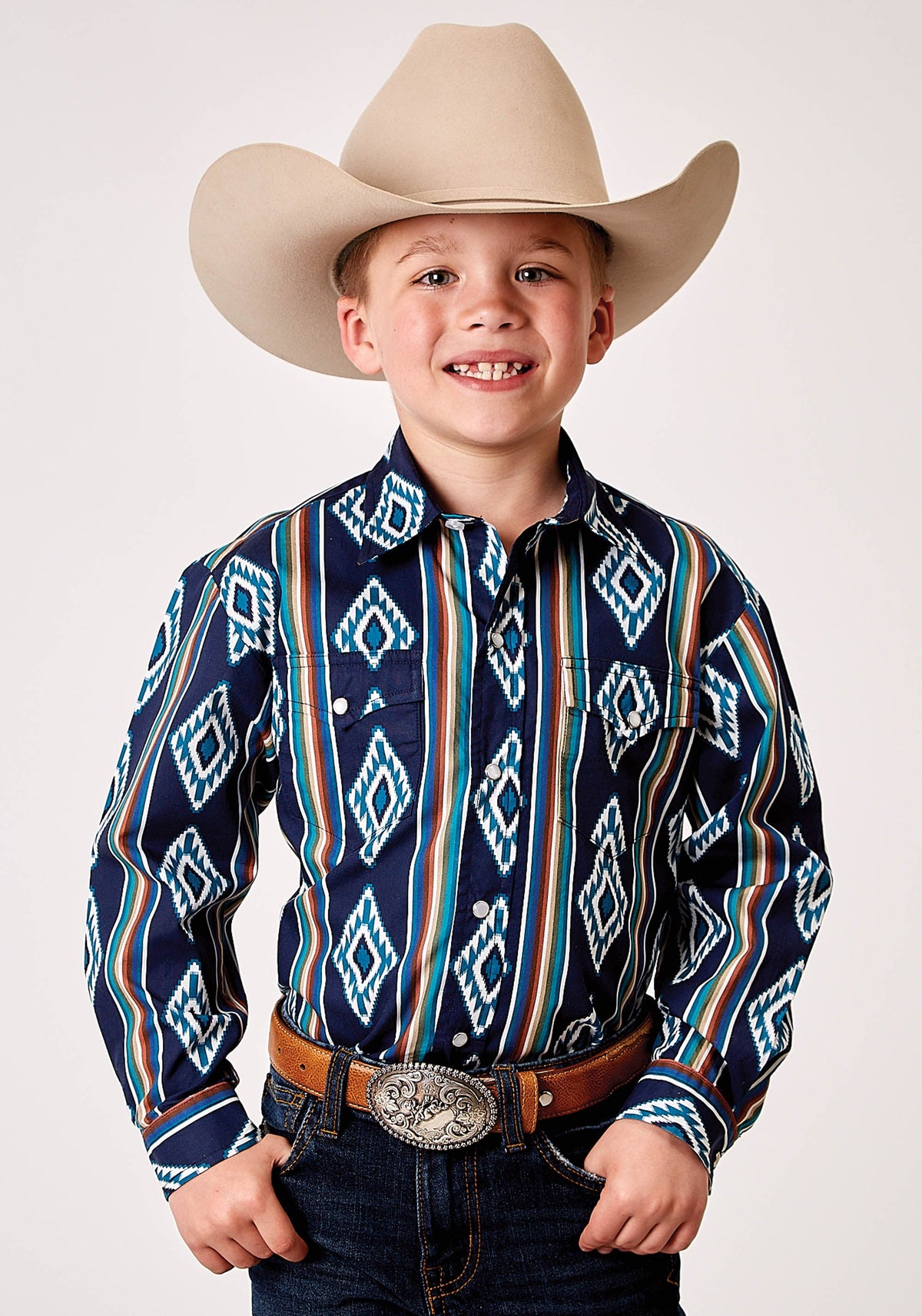 Roper Boys Long Sleeve Snap Serape Stripe Print Western Shirt