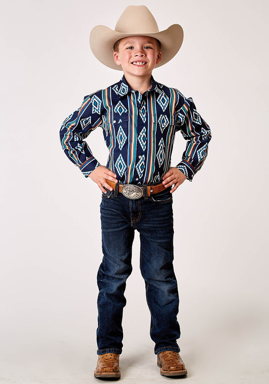 Roper Boys Long Sleeve Snap Serape Stripe Print Western Shirt