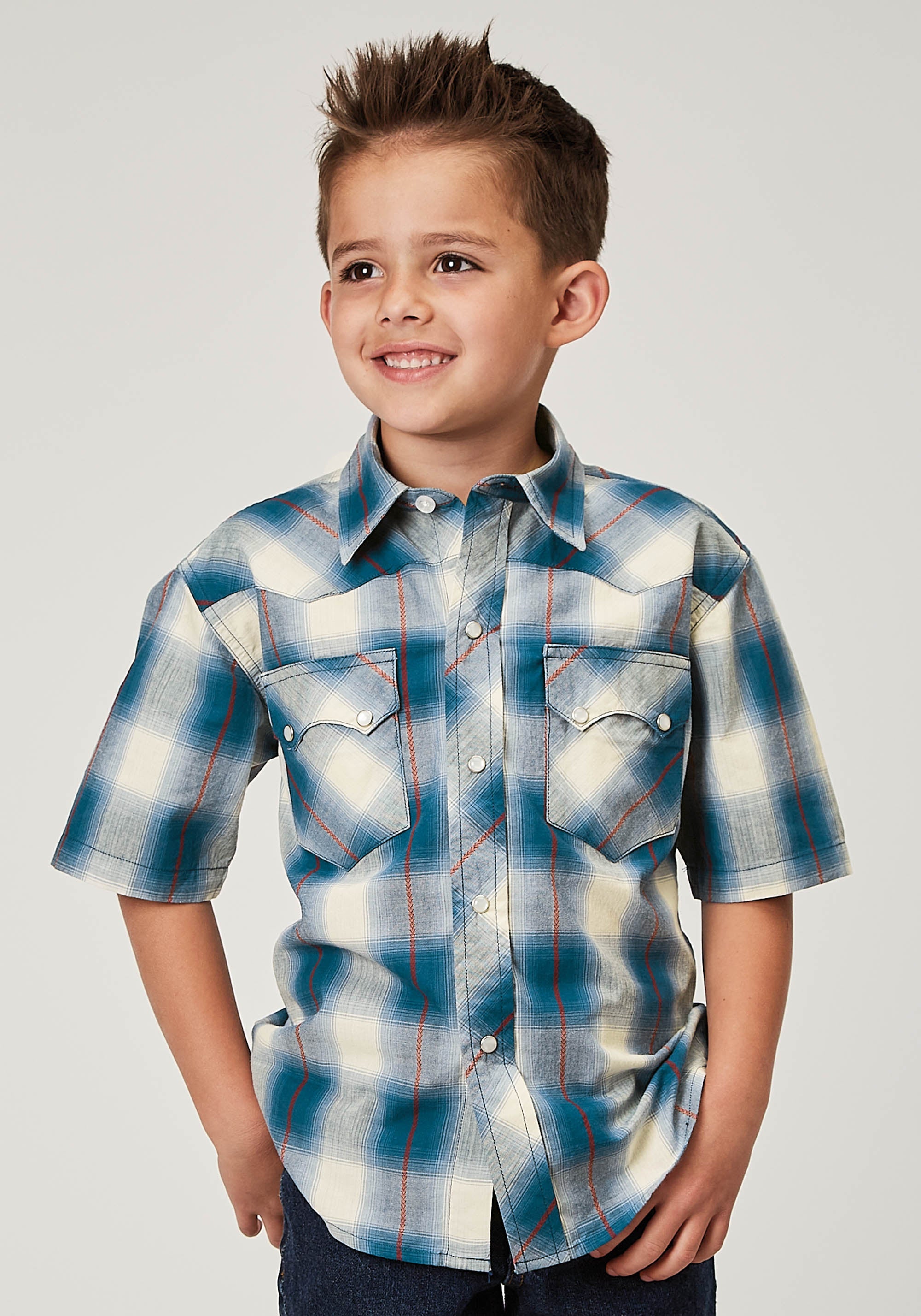 Roper Boys Short Sleeve Snap Arrow Dobby Plaid Western Shirt