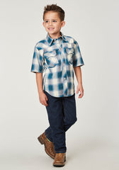 Roper Boys Short Sleeve Snap Arrow Dobby Plaid Western Shirt