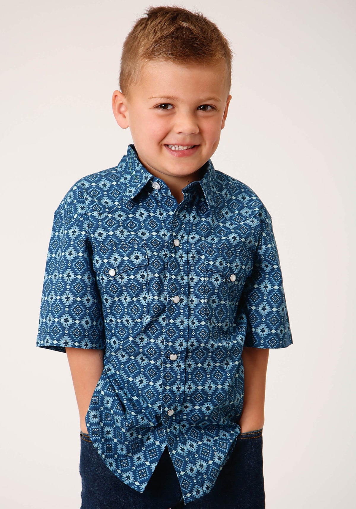 Roper Boys Short Sleeve Snap Mini Aztec Print Western Shirt