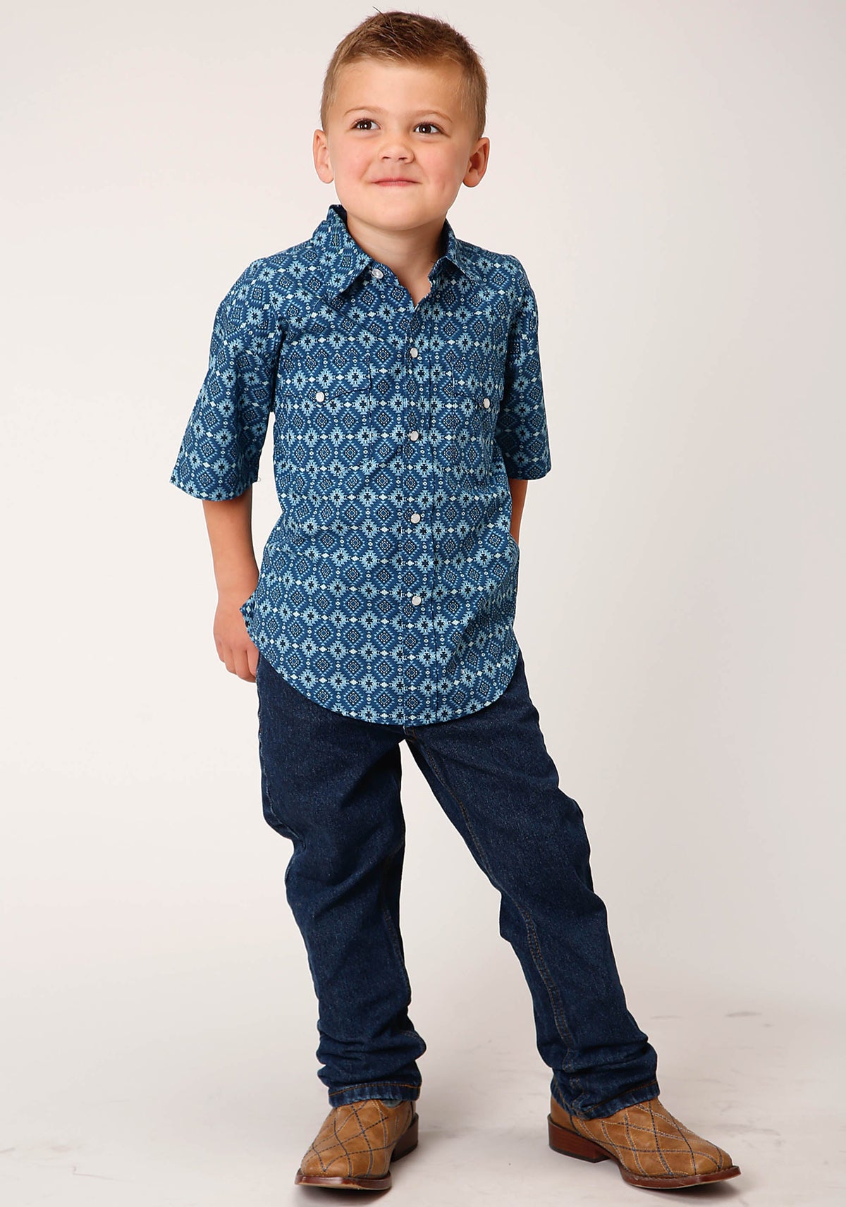 Roper Boys Short Sleeve Snap Mini Aztec Print Western Shirt