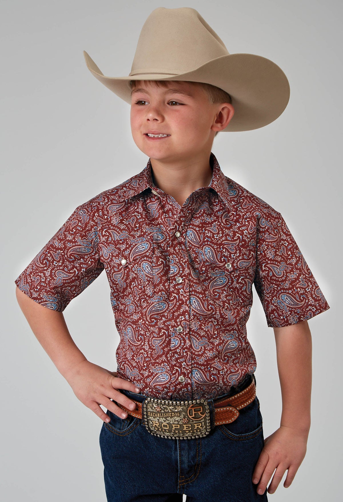 Roper Boys Short Sleeve Snap Vintage Paisley Print Western Shirt