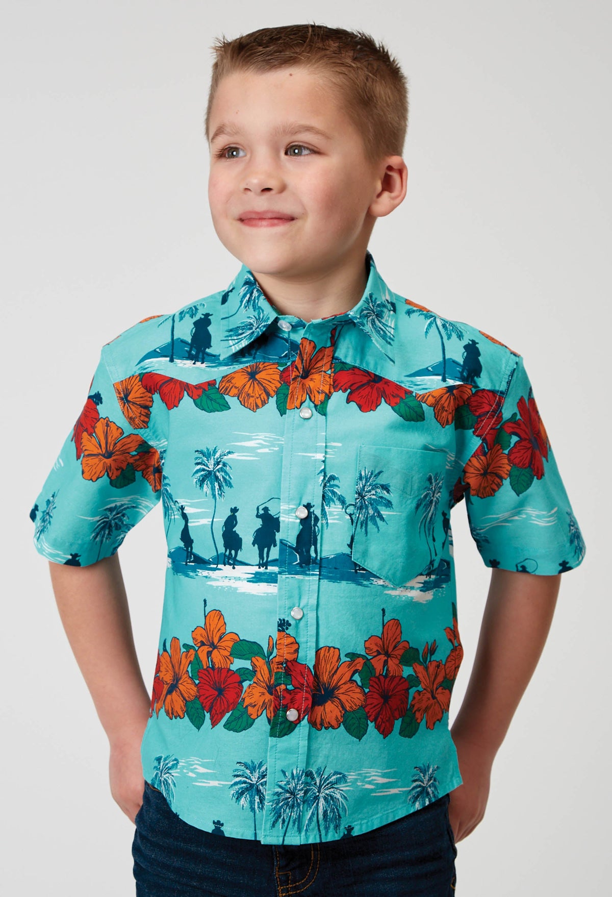 Roper Boys Short Sleeve Snap Hawaiian Print Western Shirt