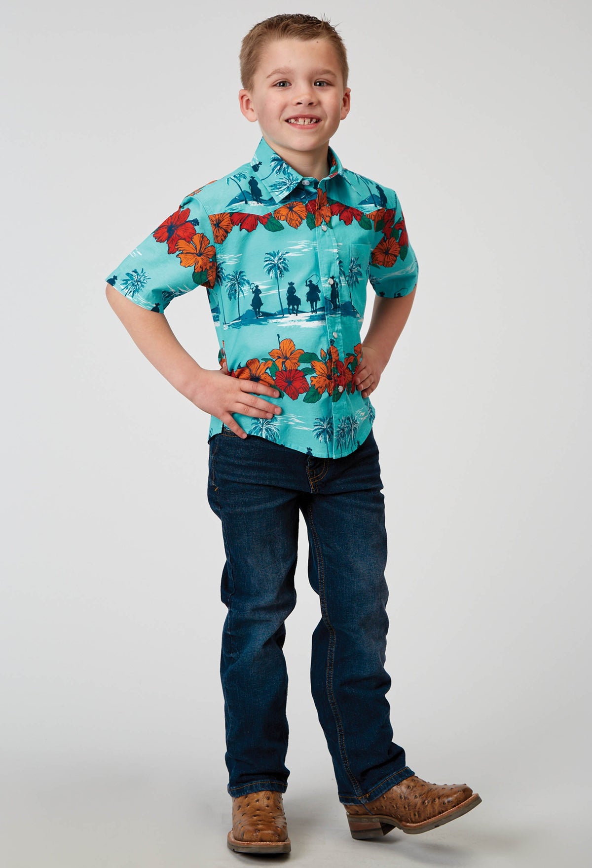 Roper Boys Short Sleeve Snap Hawaiian Print Western Shirt