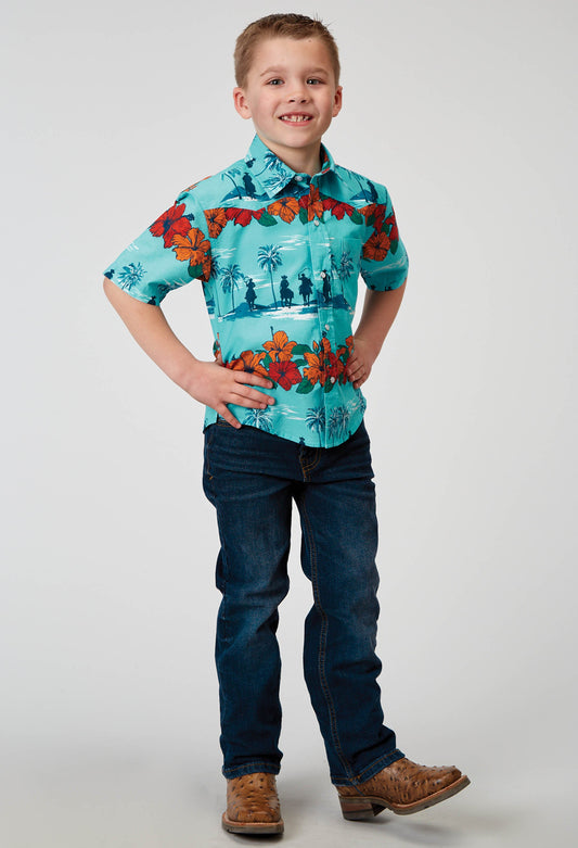 Roper Boys Short Sleeve Snap Hawaiian Print Western Shirt