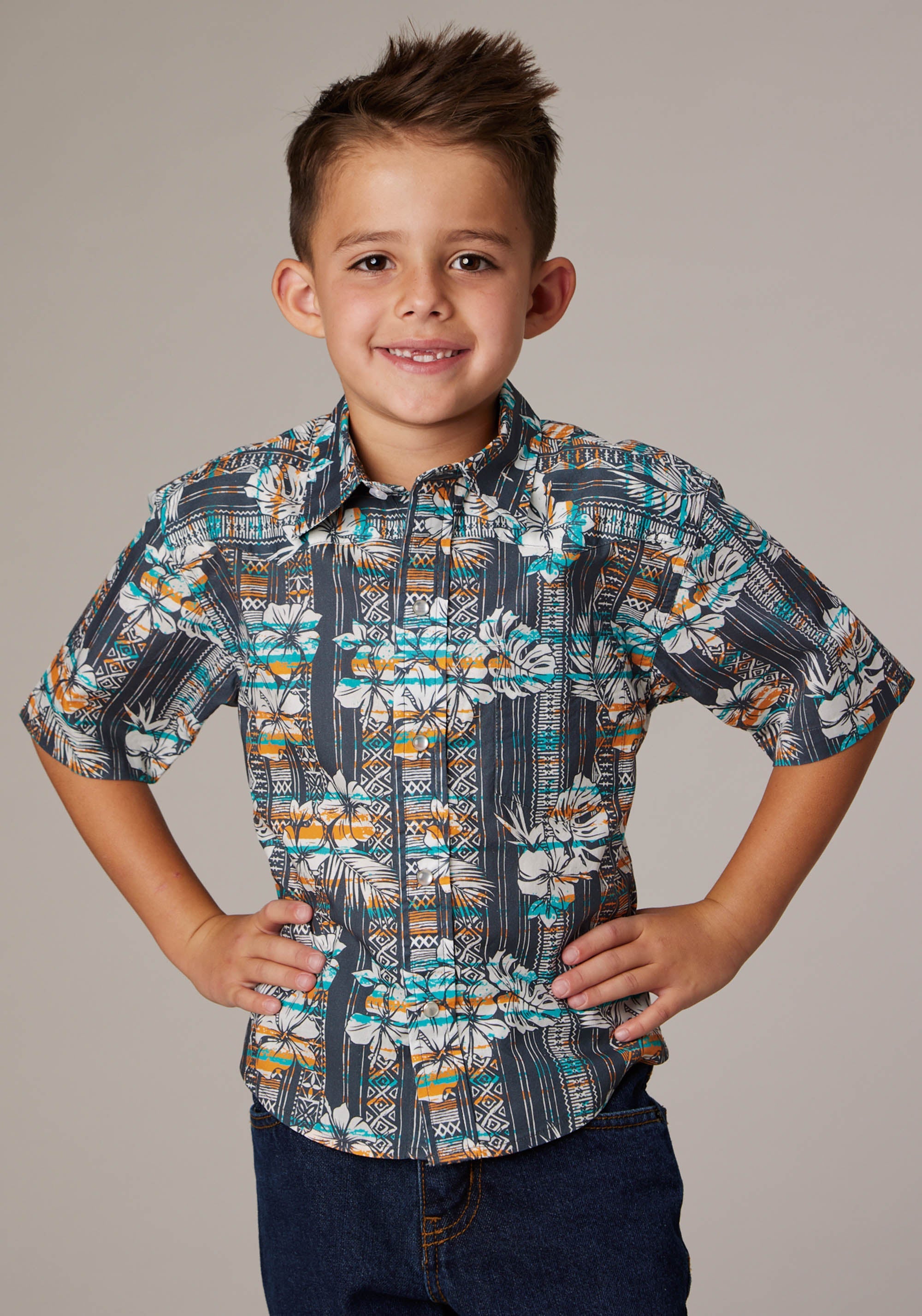 Roper Boys Short Sleeve Snap Distressed Tropical Print Western Shirt