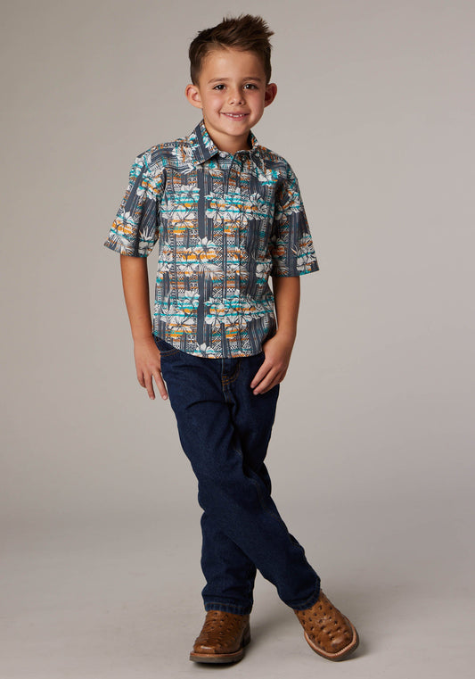 Roper Boys Short Sleeve Snap Distressed Tropical Print Western Shirt