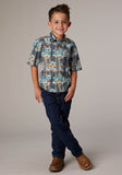 Roper Boys Short Sleeve Snap Distressed Tropical Print Western Shirt