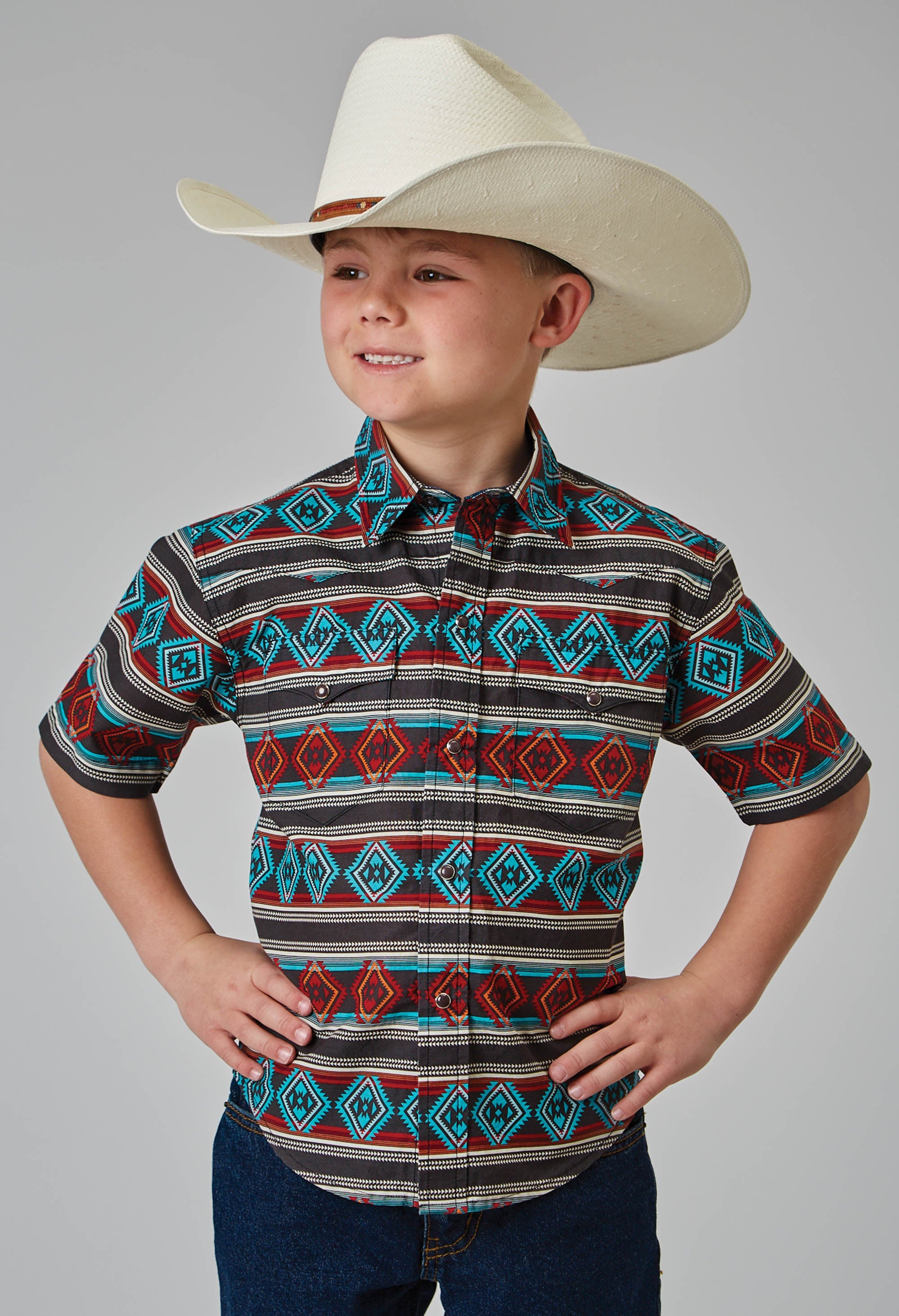 Roper Boys Short Sleeve Snap Aztec Stripe Print Western Shirt