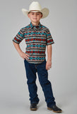 Roper Boys Short Sleeve Snap Aztec Stripe Print Western Shirt