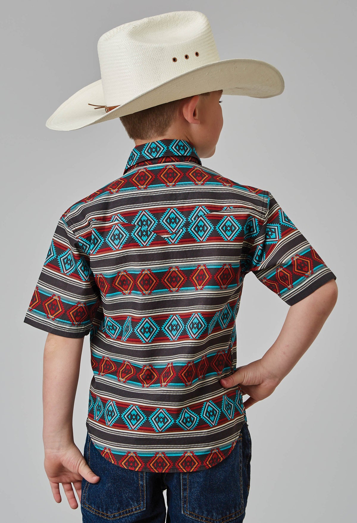 Roper Boys Short Sleeve Snap Aztec Stripe Print Western Shirt