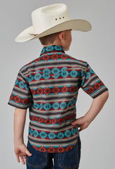 Roper Boys Short Sleeve Snap Aztec Stripe Print Western Shirt