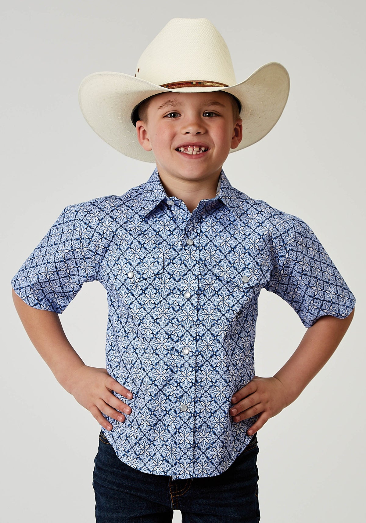 Roper Boys Short Sleeve Snap Blue Skies Tie Print Western Shirt