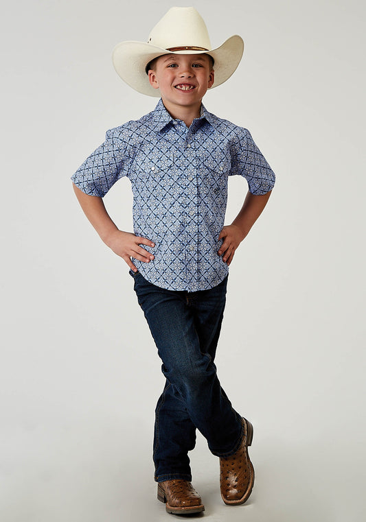 Roper Boys Short Sleeve Snap Blue Skies Tie Print Western Shirt