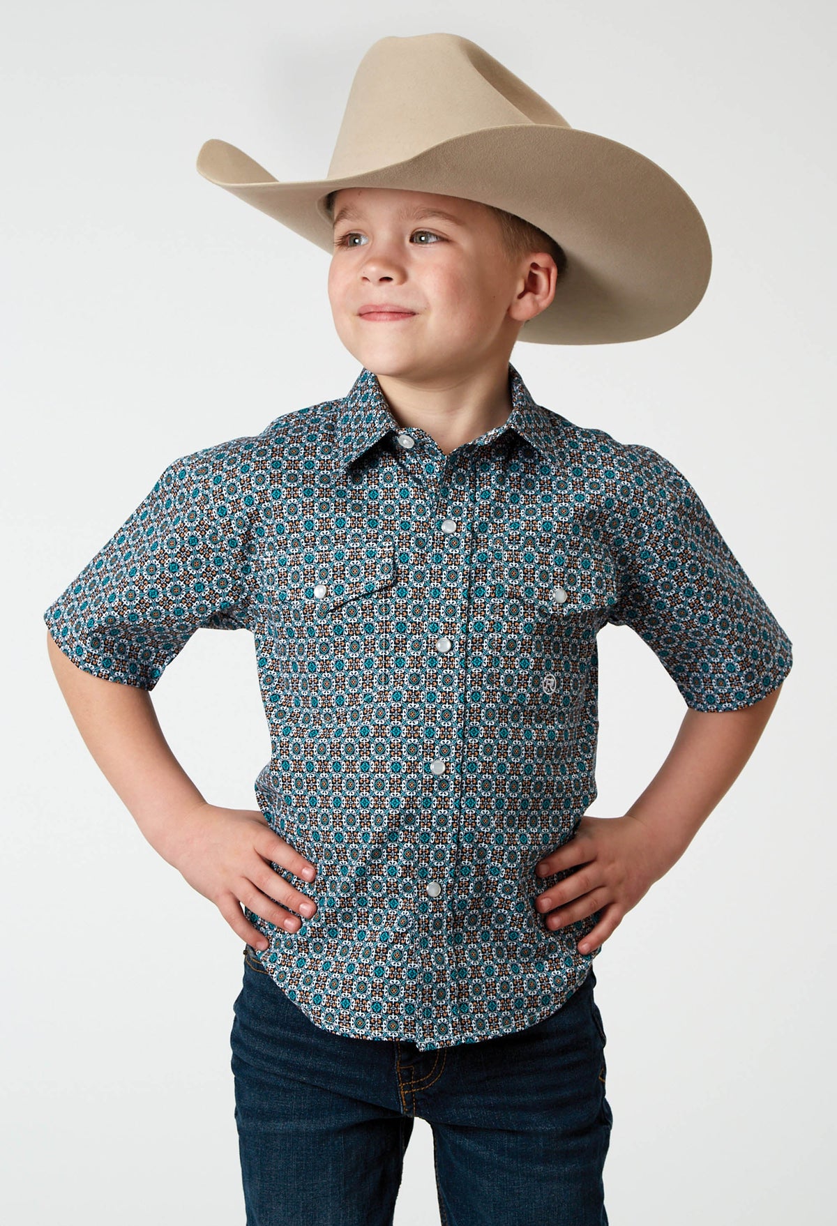 Roper Boys Short Sleeve Snap Frontier Foulard Western Shirt