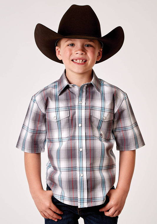 Roper Boys Short Sleeve Snap Gray Cloud Plaid Western Shirt