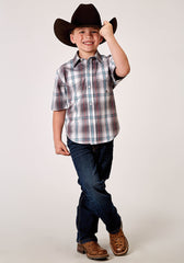 Roper Boys Short Sleeve Snap Gray Cloud Plaid Western Shirt